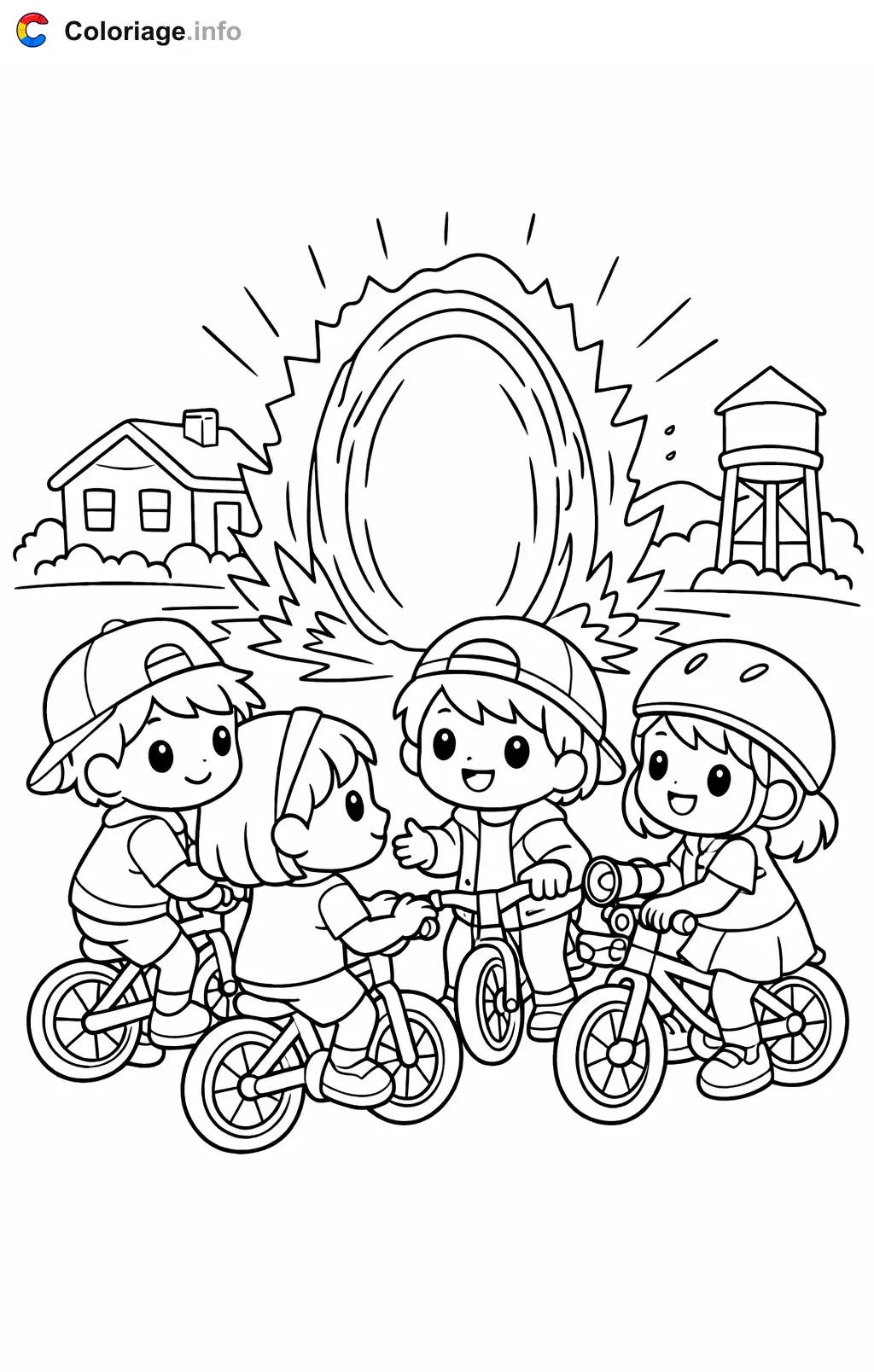 Ausmalbild Stranger Things – Die Gruppe rätselt gemeinsam zum Ausdrucken