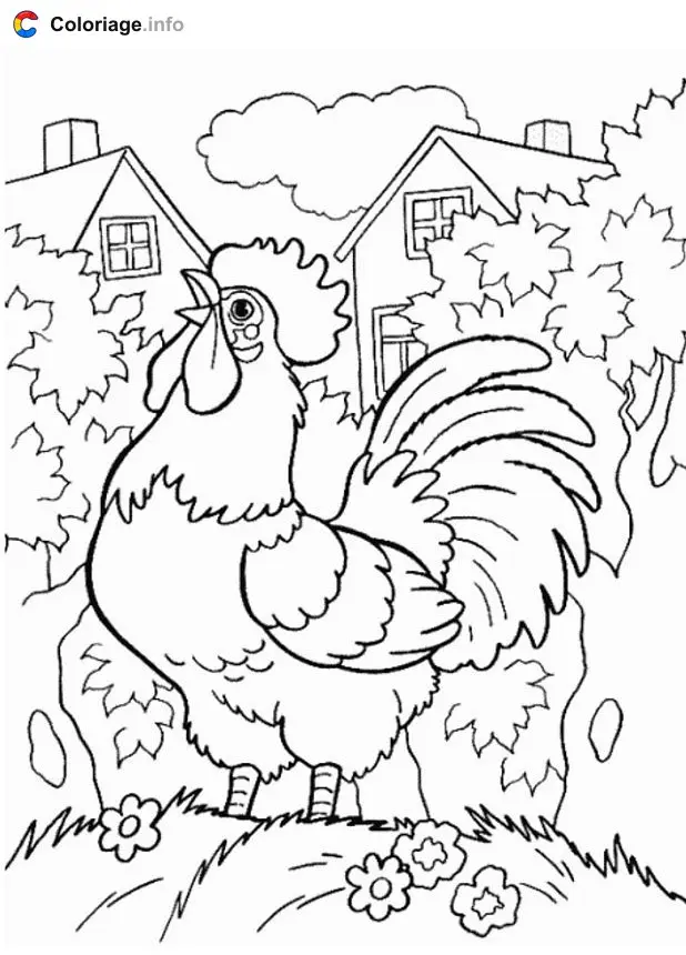 Coloriage Coq dans un jardin - Coq à imprimer