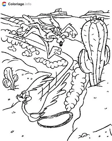 Coloriage Coyote poursuit Bip Bip dans le désert - Bip Bip et Coyote à imprimer