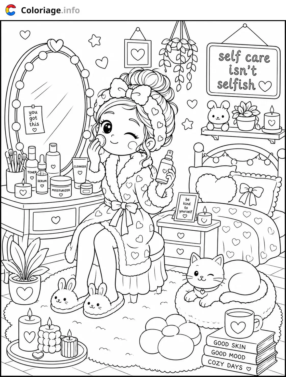Coloriage Cozy Girl auto-soins et bien-être - Cozy à imprimer