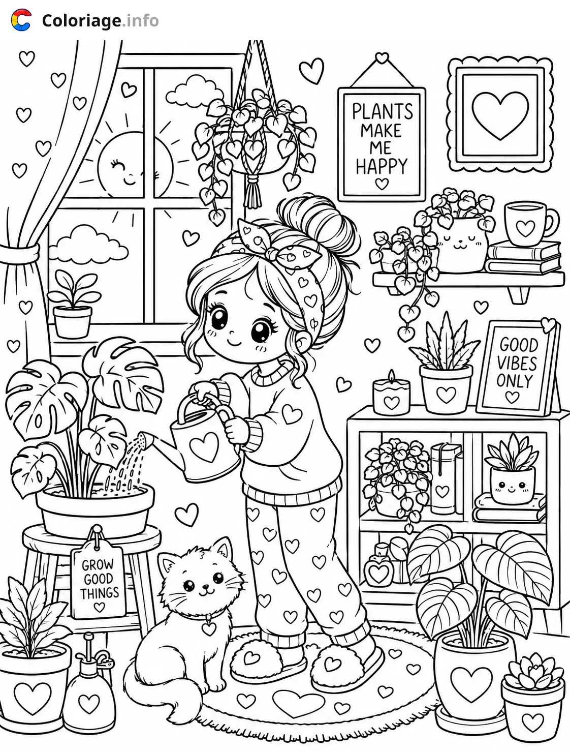 Coloriage Cozy Girl avec plantes et chat - Cozy à imprimer