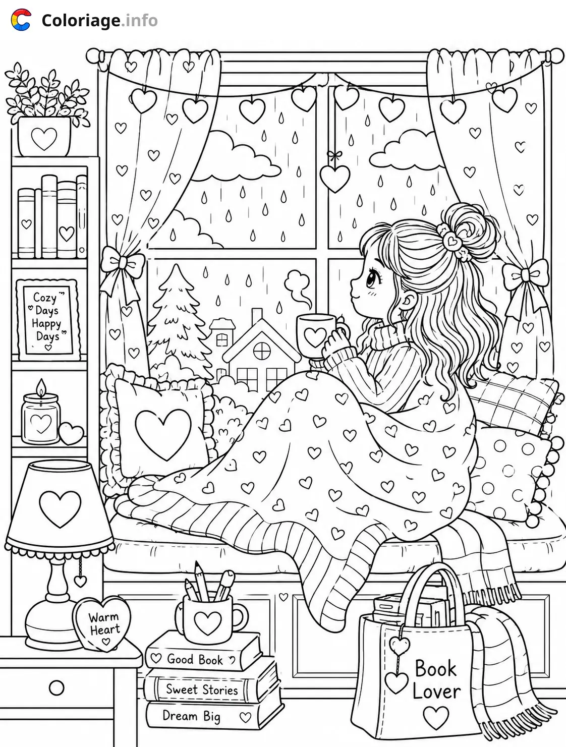 Coloriage Cozy Girl confortablement assise à lire - Cozy à imprimer