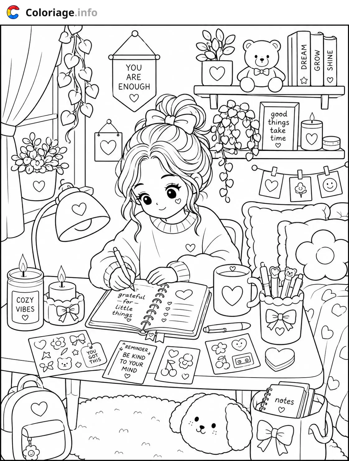 Coloriage Cozy Girl créative dans son espace cosy - Cozy à imprimer