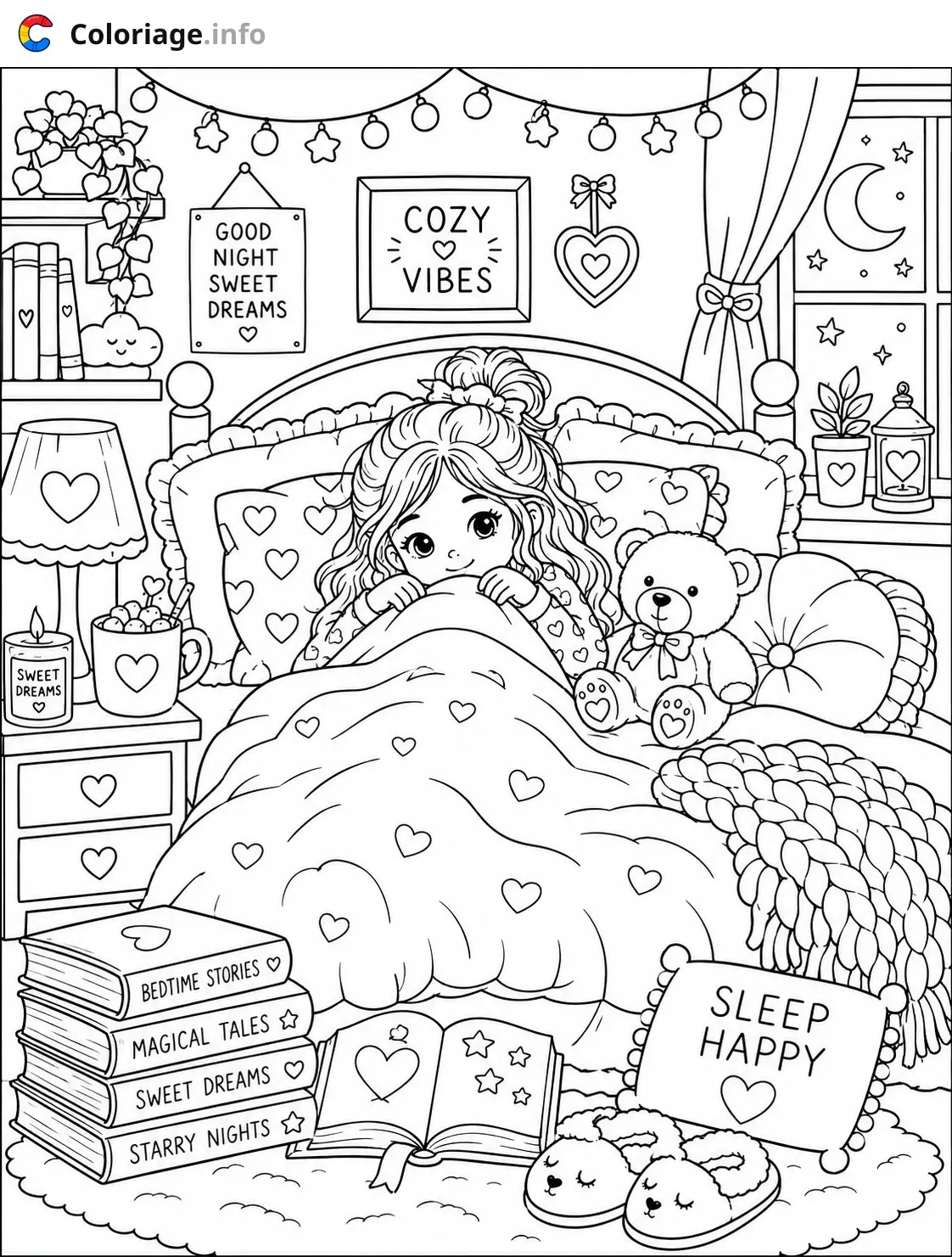 Coloriage Cozy Girl dans son lit douillet - Cozy à imprimer
