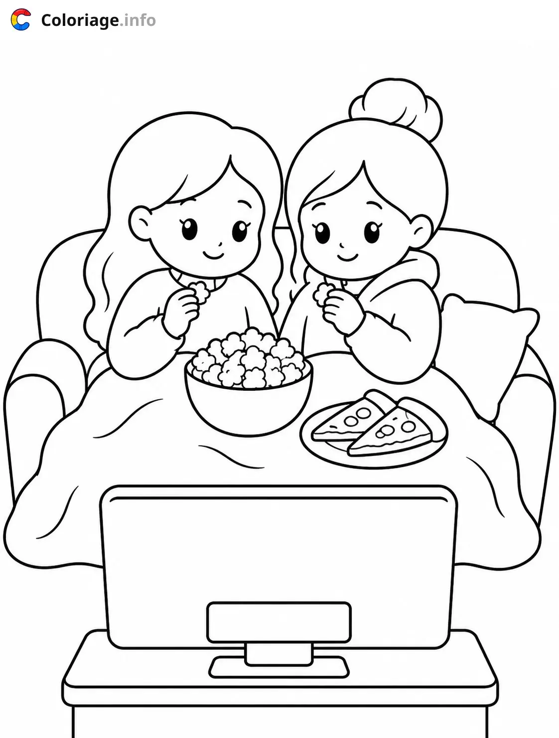 Coloriage Cozy Girl Deux filles regardant un film - Cozy à imprimer