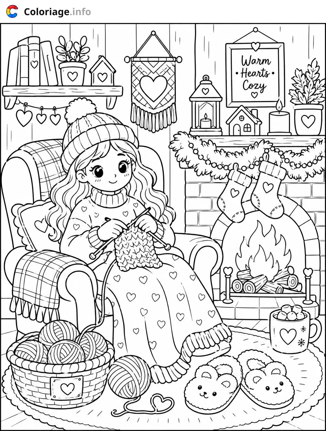Coloriage Cozy Girl tricotant près du feu cozy - Cozy à imprimer