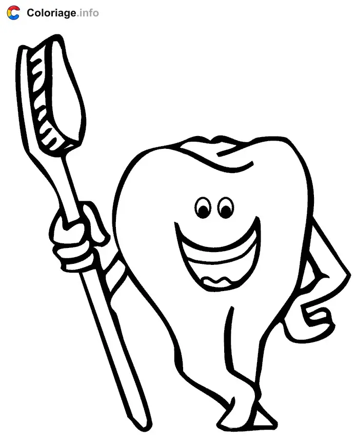 Coloriage Dent qui tient une brosse à dents - Dents à imprimer