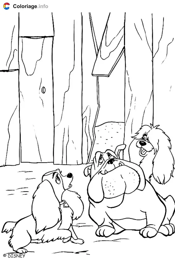 Coloriage Des chiens devant palissade - La Belle et le Clochard à imprimer