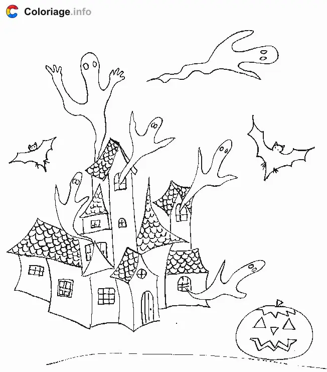 Coloriage Des maisons hantées par des fantômes à Halloween - Manoirs hantés à imprimer