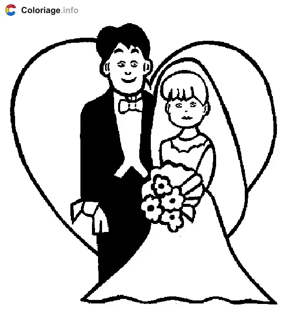 Coloriage Des mariés devant un cœur - Mariage à imprimer
