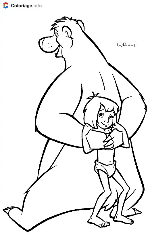 Coloriage Dessin de Baloo et Mowgli dos à dos - Le Livre de la jungle à imprimer