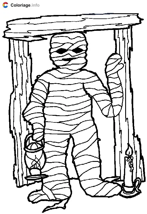 Coloriage Dessin de la momie qui sort d'une pièce - Momie à imprimer