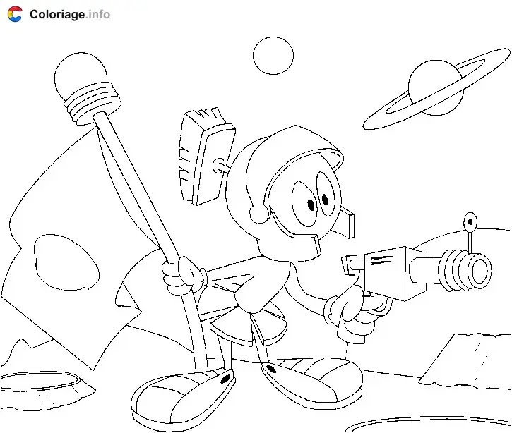 Coloriage Dessin de Marvin sur Mars avec son pistolet laser - Marvin le Martien à imprimer
