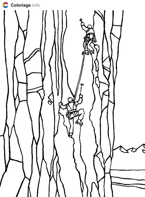 Coloriage Deux alpinistes escaladent une montagne - Alpinisme à imprimer