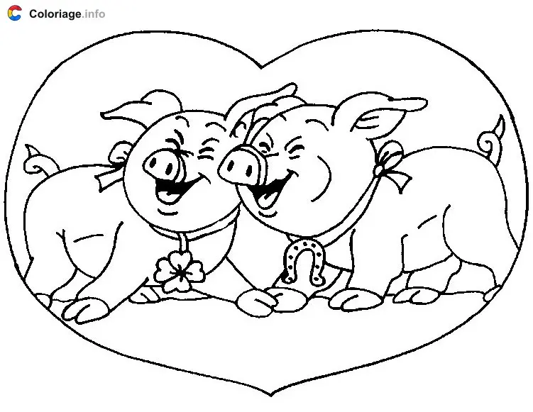 Coloriage Deux cochons dans un cœur - Cochons à imprimer