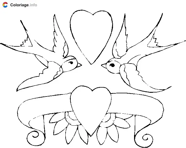 Coloriage Deux colombes et des cœurs - Mariage à imprimer
