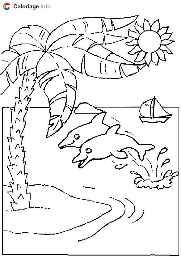 Coloriage Deux dauphins et un bateau au large d'une île déserte - Île déserte à imprimer