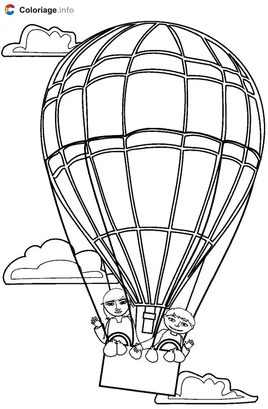 Coloriage Deux enfants dans une montgolfière - Montgolfière à imprimer