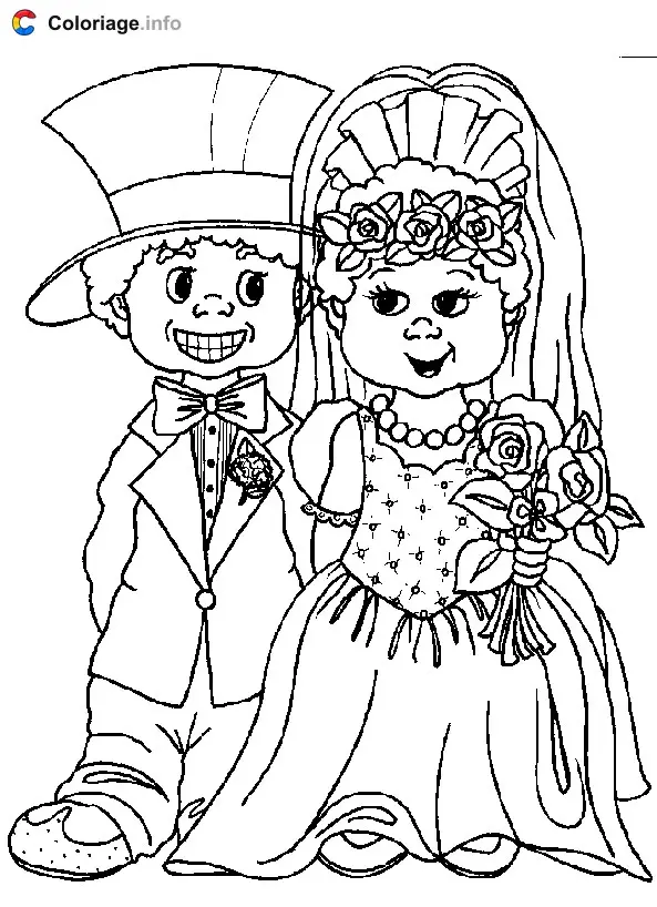 Coloriage Deux jeunes mariés - Mariage à imprimer