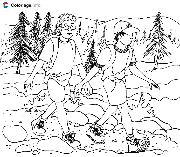Coloriage Deux jeunes vont faire de l'escalade - Alpinisme à imprimer
