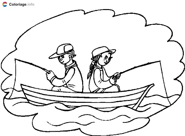 Coloriage Deux pêcheurs dans une barque - Pêche à imprimer