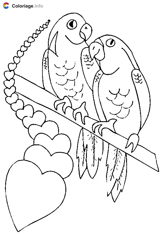 Two Parrots and Hearts coloring page to print