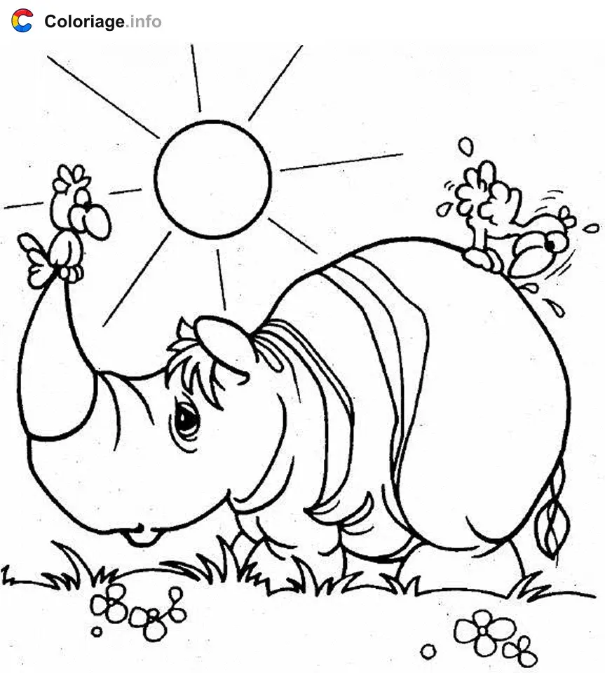 Coloriage Deux poules sur un rhinocéros - Rhinocéros à imprimer