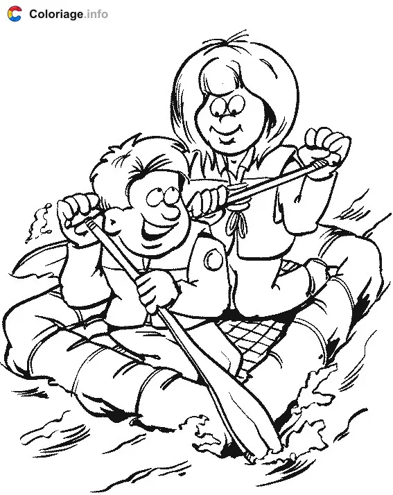 Coloriage Deux scouts descendent une rivière - Scout à imprimer