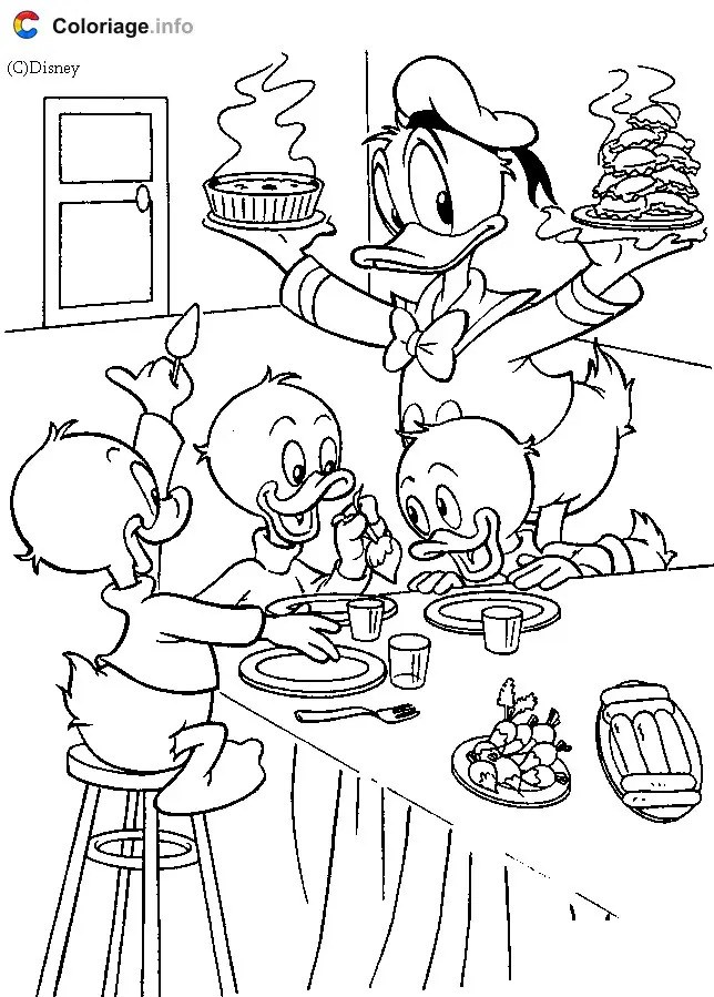 Donald Duck Feeding His Nephews coloring page to print