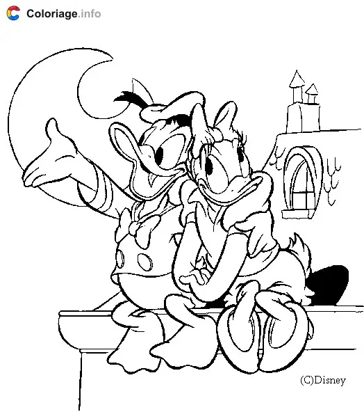 Donald and Daisy on a Disney Rooftop coloring page to print