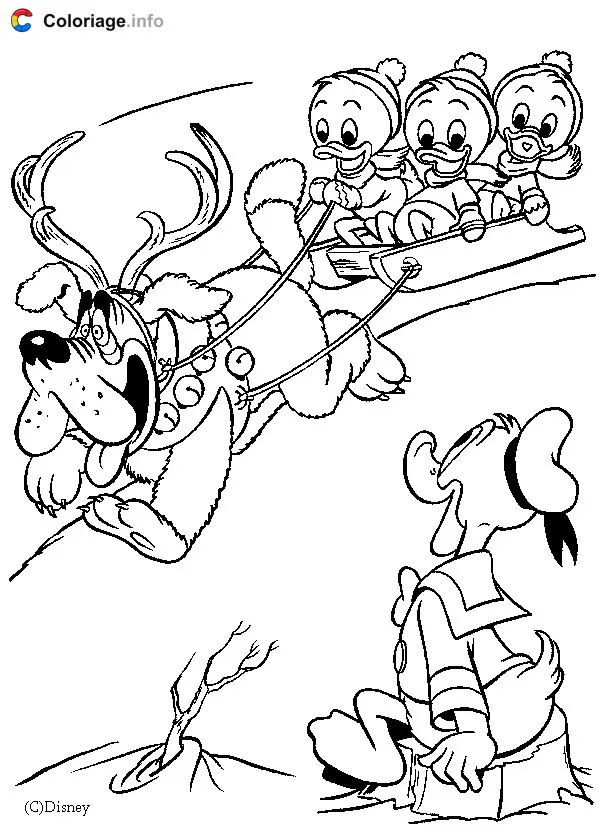 Donald Duck and His Nephews in the Snow coloring page to print