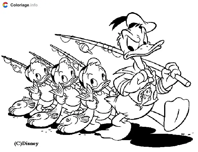 Donald Duck and His Nephews Return from Fishing coloring page to print