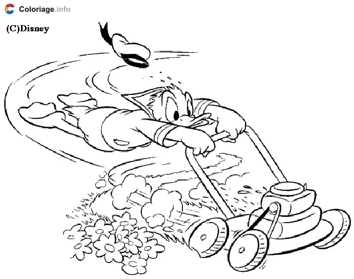 Donald Duck Mowing the Lawn coloring page to print