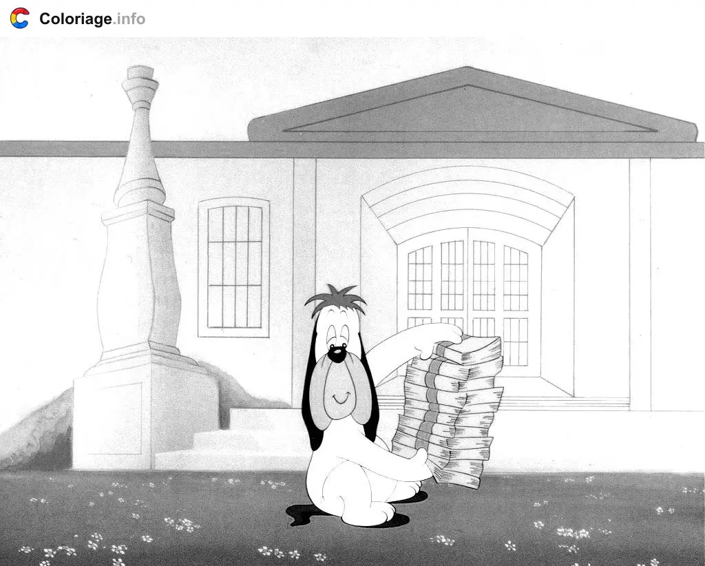 Coloriage Droopy devant une maison avec des billets - Droopy à imprimer