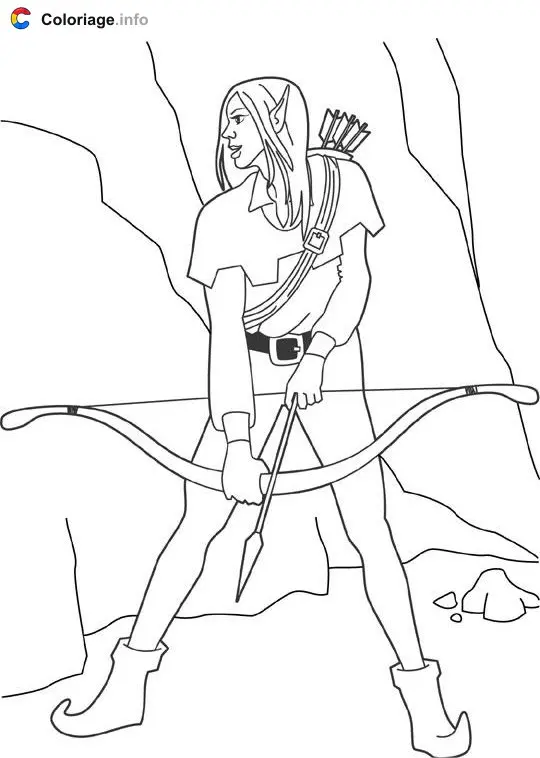 Coloriage Elfe avec arc 2 - Mythologie à imprimer