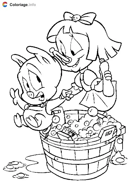 Coloriage Elmira fait prendre un bain à Hamton - Tiny Toons à imprimer