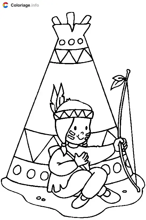 Coloriage Enfant déguisé en Indien avec la tente - Indiens à imprimer