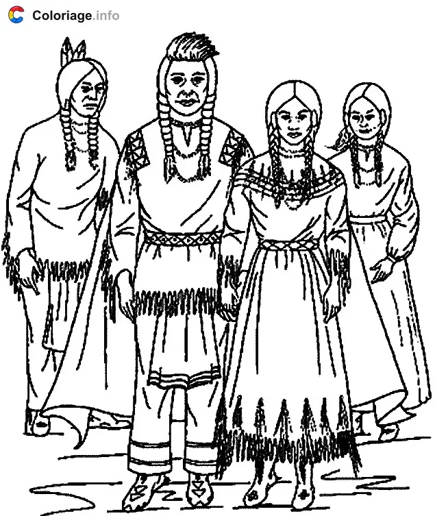 Coloriage Famille d'Indiens d'Amérique du Nord - Indiens à imprimer