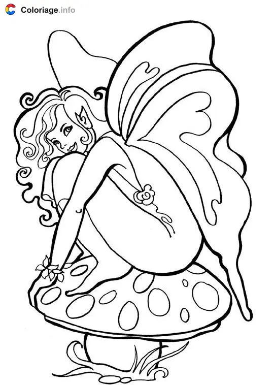 Coloriage Fée sur champignon 2 - Mythologie à imprimer