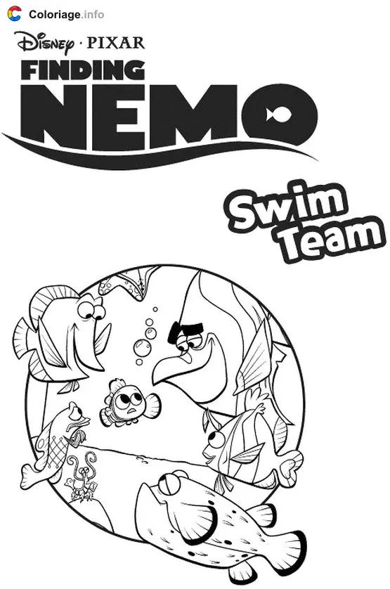 Nemo and Friends Swimming Team coloring page to print