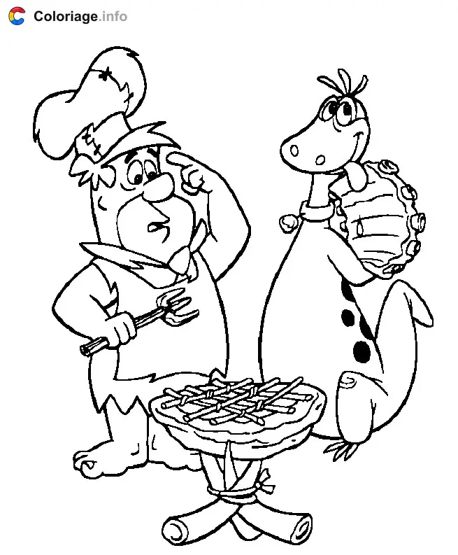 Coloriage Fred et Dino préparent un barbecue - Les Pierrafeu à imprimer