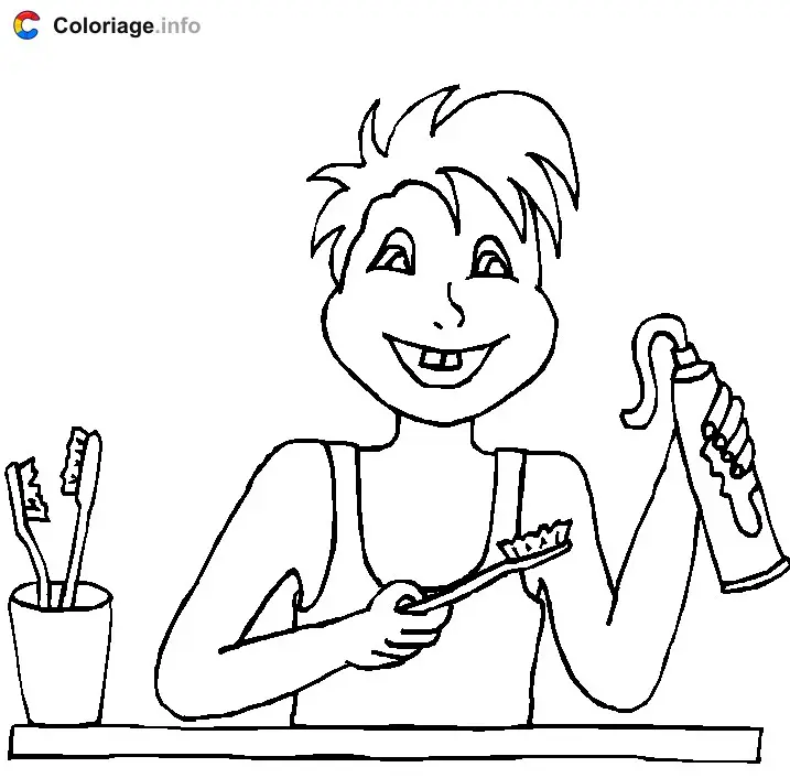 Coloriage Garçon avec une brosse à dent et dentifrice - Dents à imprimer