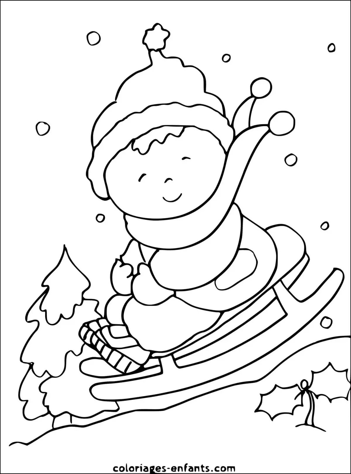 Ausmalbild Winterspaß beim Schlittenfahren und Gleiten zum Ausdrucken