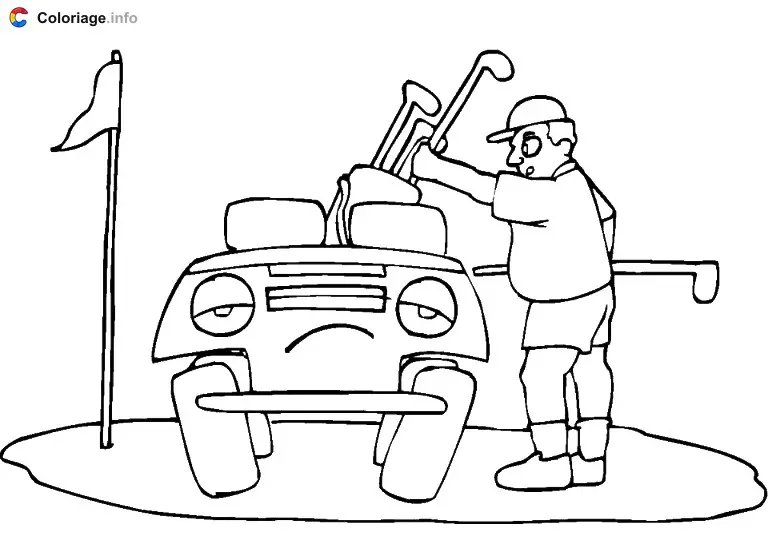 Coloriage Golfeur sur le green avec sa golfette - Golf à imprimer