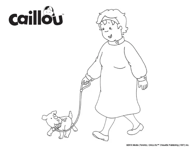 Coloriage Grand Mère Mami Promene Un Chien - Caillou à imprimer