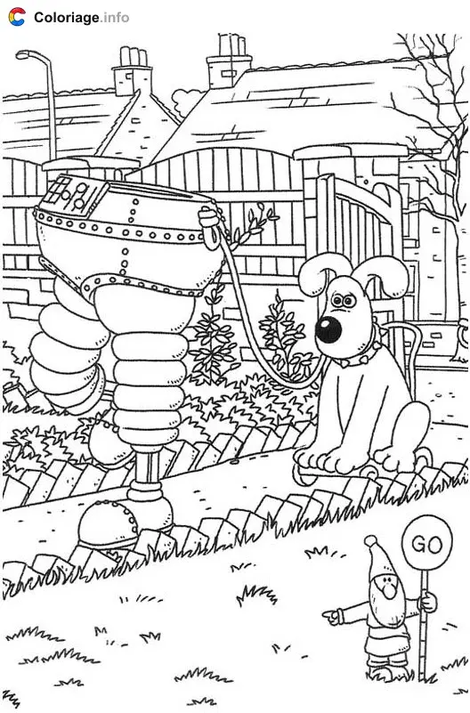 Coloriage Gromit dans le jardin avec le robot - Wallace et Gromit à imprimer