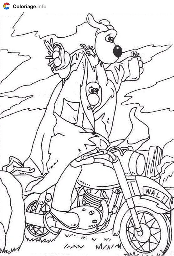 Coloriage Gromit et Feather McGraw sur une moto - Wallace et Gromit à imprimer
