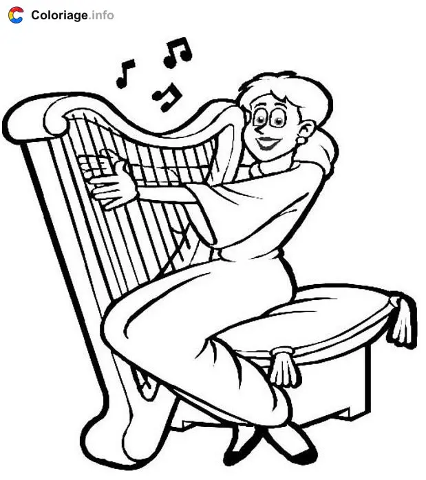 Coloriage Harpe et harpiste - Instruments de musique à imprimer