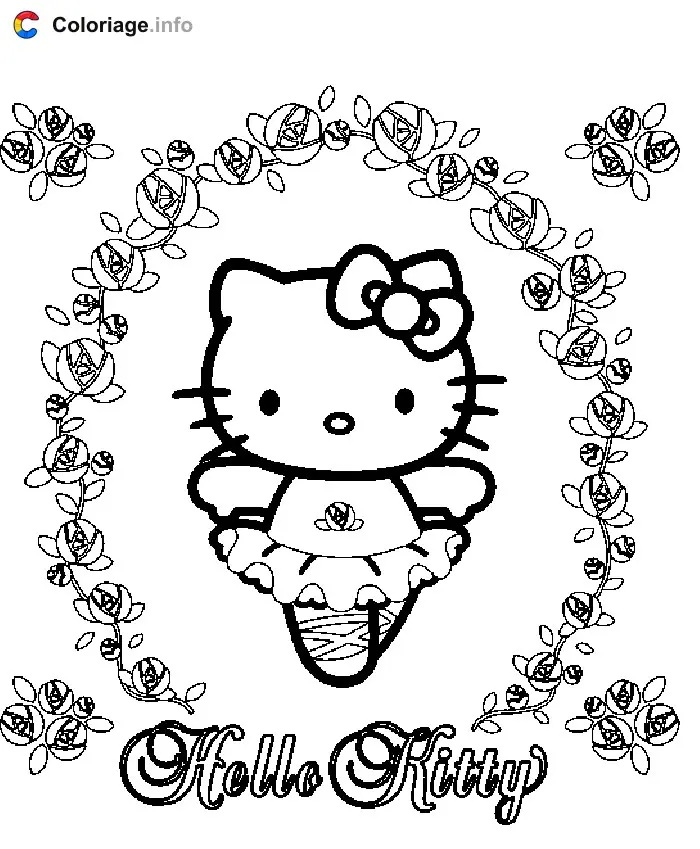 Hello Kitty with Bow and Flowers coloring page to print
