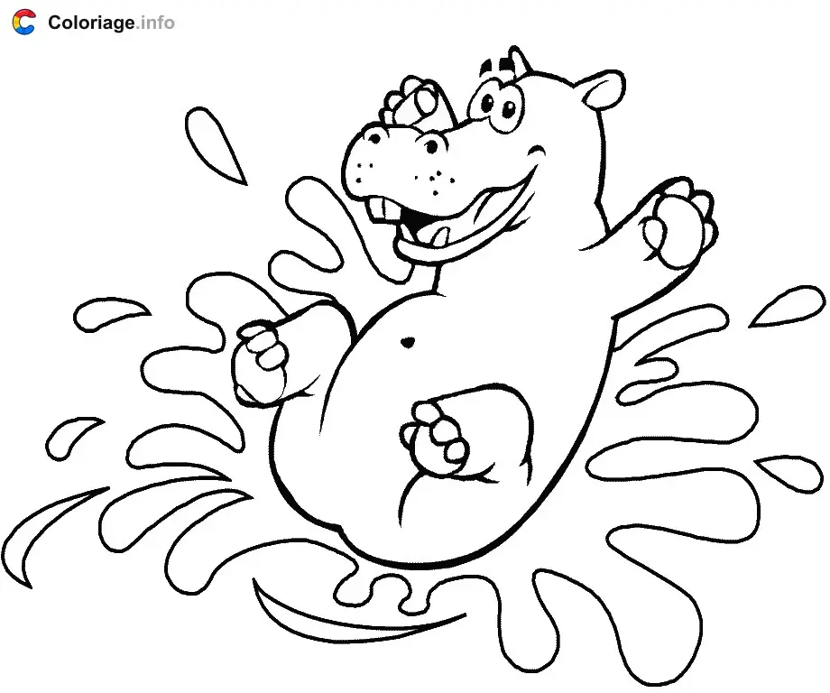 Coloriage Hippopotame saute dans l'eau - Hippopotame à imprimer